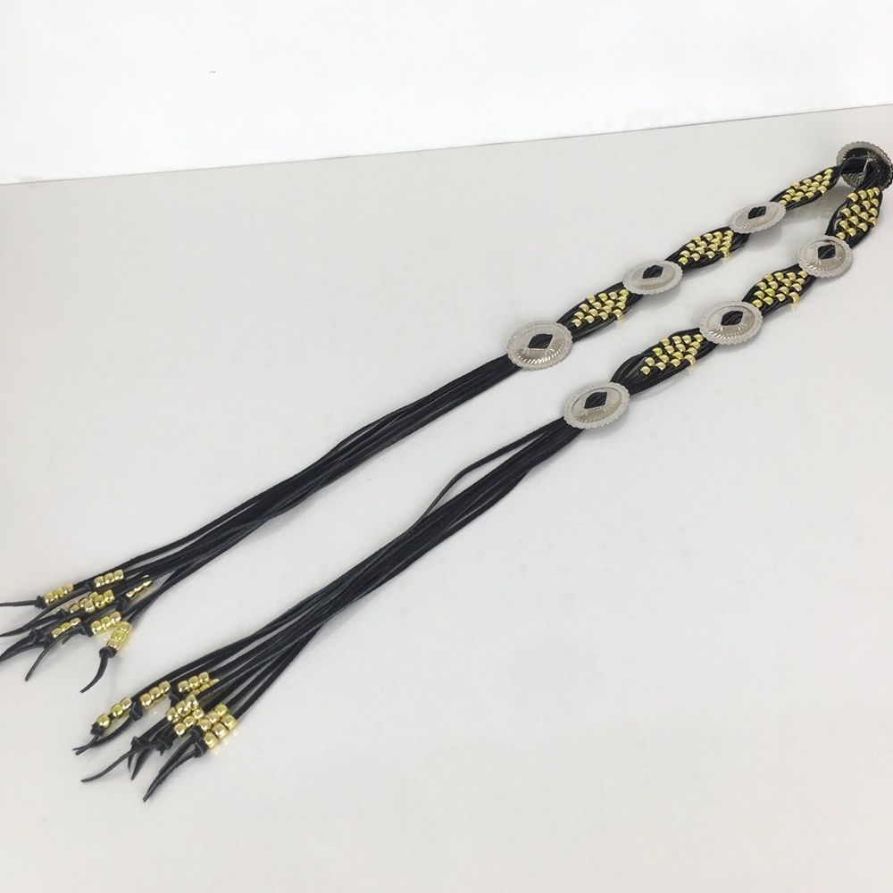 Vintage Boho Western Leather Concho Belt Black Silver Beaded Cowgirl - Picture 5 of 13